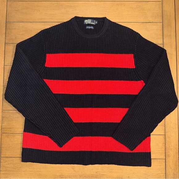 Polo Ralph Lauren Lambswool Ribbed Knit Crewneck Sweater Mens XL Red Navy Blue - Picture 2 of 10